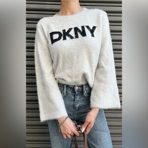 DKNY Women's Scoop Neck Metallic Logo Sweater Silver/Black eyelash size Med